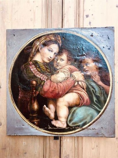 null D'après RAPHAEL, Vierge à la chaise, huile sur toile en Tondino. 
Fin XIXème...