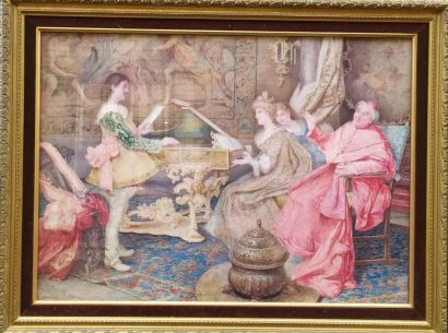 null Avetrani.
Le concert de clavecin et le cardinal galant
Paire d'aquarelles.
XIXème...