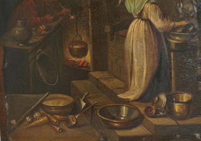 null École du Nord fin XVIIeme siècle.
´´Scène de cuisine ouverte sur un village´´...
