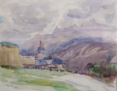 null Joannès Drevet (1854-1940)
" Clocher en montagne " 1934
Aquarelle sur papier...