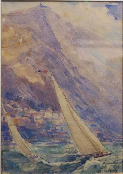 null Joannès Drevet (1854-1940)
" Les voiliers sur le lac "
Aquarelle sur papier
Signé...