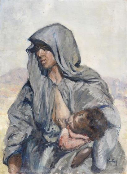 null Henri Jean Pontoy (1888-1968)
" Marocaine allaitant son bébé "
Huile sur toile
Signé...