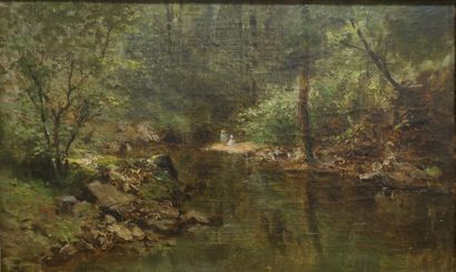 null Adolphe Appian (1818-1898)
" Couple au bord de la rivière "
Huile sur toile
Signé...