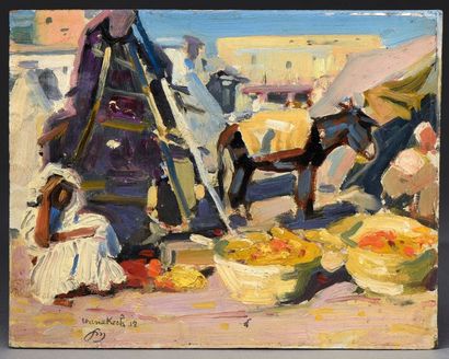 null Jacques Majorelle (1886-1962)
" Scène de marché extérieur à Marrakech " 1918
Huile...