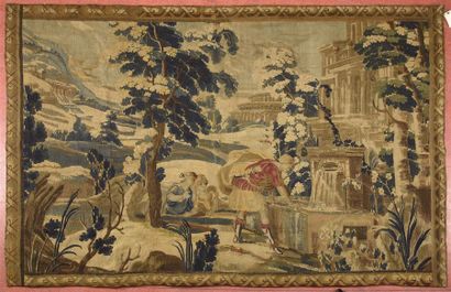 null Aubusson tapisserie, Halte à la fontaine, dans un paysage arboré et architecturé.
XVIIIème...