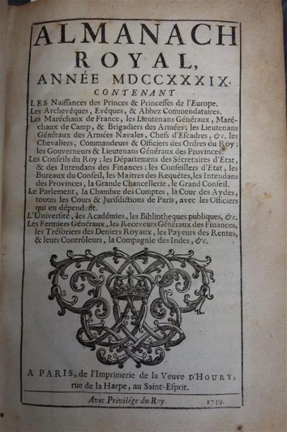 null ALMANACH ROYAL. ANNÉE 1739. Contenant les naissances des Princes & princesses...