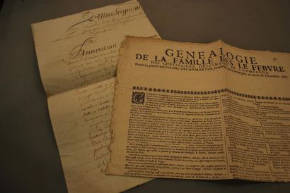 null MARNE. 2 documents XVIIe-XVIIIe.
- Affiche imprimée du XVIIe. " Généalogie de...