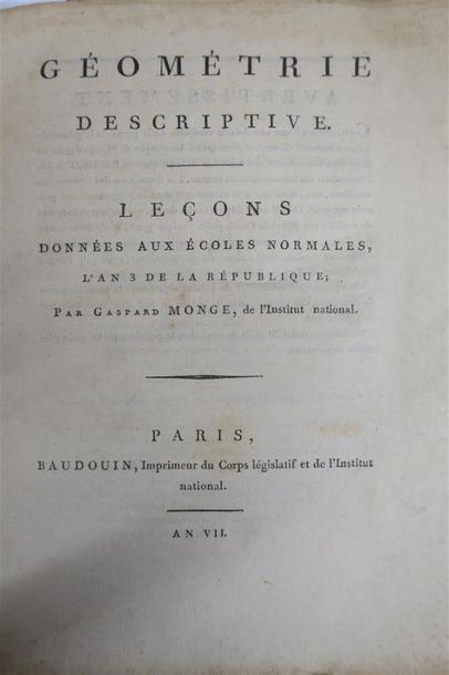 null MONGE (Gaspard). GÉOMÉTRIE DESCRIPTIVE. Leçons données aux Écoles Normales,...