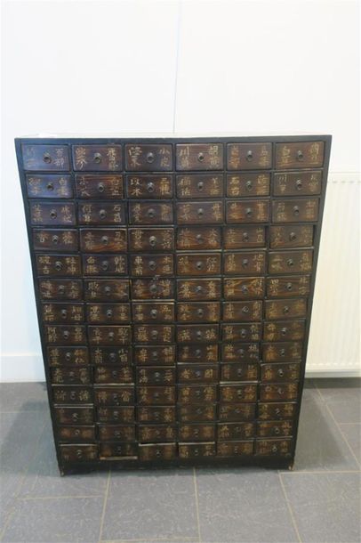 null Cabinet asiatique en bois polychrome à décor de caractères chinois. 