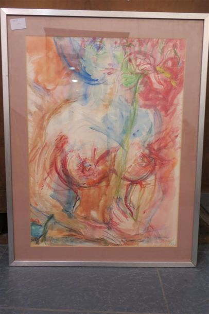 Femme nue tenant une fleur, oeuvre aquarellée,...