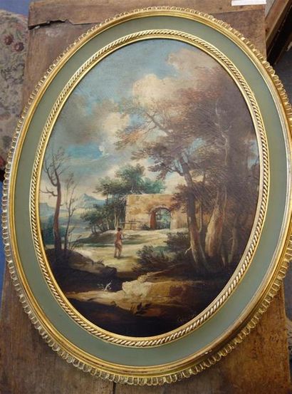 null CALZOLARI. Paysage animé. Huile sur toile de format ovale. signé en bas à d...