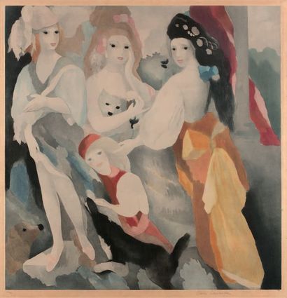 Marie Laurencin (1883-1956) (d’après) Jeunes filles avec un page et un chien. Gravé...