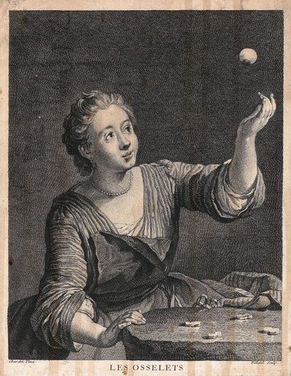 Jean Siméon Chardin (1699-1779) (d’après) Les Osselets. Gravé par Filloeul. 198 x...