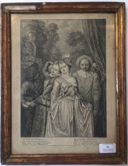 Jean-Antoine Watteau (1684-1721) (d’après) Les Habits sont italiens... Eau-forte...