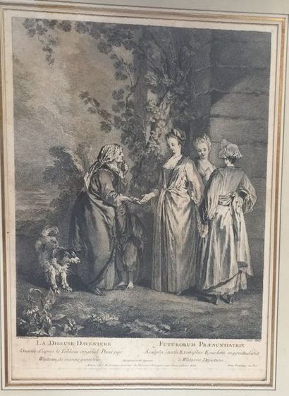 Jean-Antoine Watteau (1684-1721) (d’après) La Diseuse d'aventure. 1727. Gravé par...