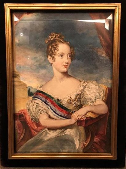 null Ecole européenne du XIXe s. Portrait de la Reine Maria II du Portugal Aquarelle,...