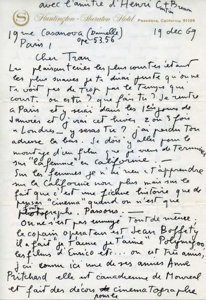 Henri Cartier-Bresson (1908-2004) Belle et longue lettre à Trauner, 19 décembre 1969,...