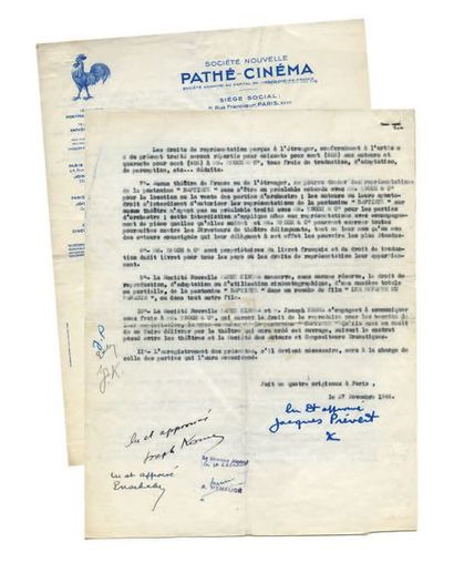 Jacques PREVERT (1900-1977) Transfert de droits, nouveau Contrat entre la Société...