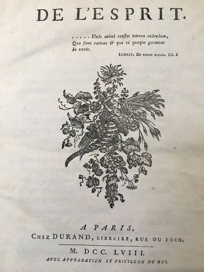 [HELVÉTIUS (Claude-Adrien)] De l'Esprit. Paris, Durand, 1758. In-4, veau marbré,...