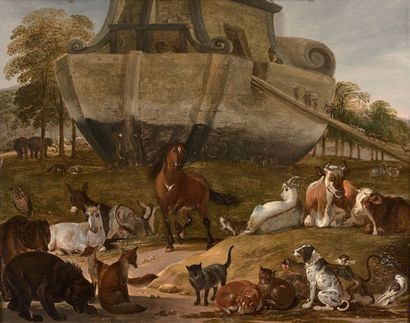 Attribué à Govert Dircksz CAMPHUYSEN (1624 - 1672) 
L'Arche de Noé
Panneau de chêne,...