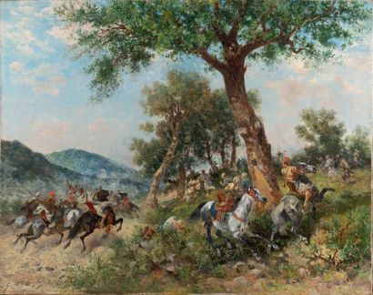 Georges WASHINGTON (1827-1910) 
Bataille Orientaliste
Huile sur toile Signée en bas...