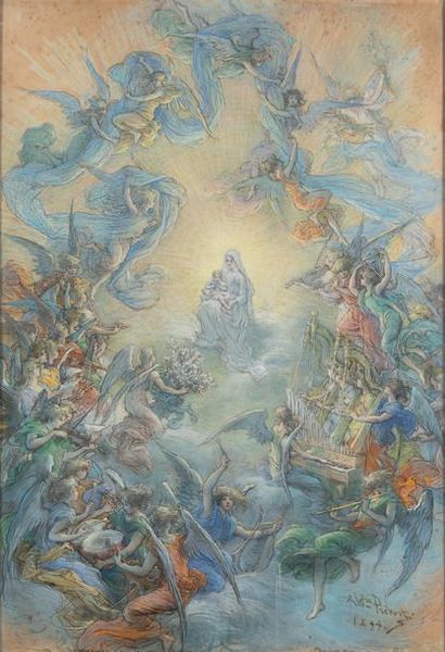 Alexandre PRÉVOST (1832-1910) 
Vierge à l'enfant et concert céleste
Pastel et fusain...
