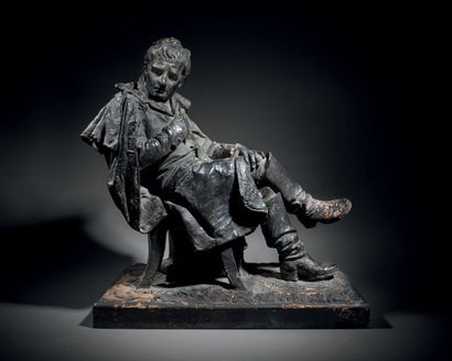 null Grande sculpture en terre cuite patinée représentant l'Empereur Napoléon assis,...