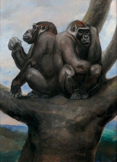 André MARGAT (1903-1999) 
Deux gorilles perchés
Huile sur toile Signée et datée 1934...