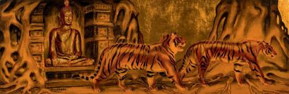 André MARGAT (1903-1999) 
Deux tigres marchant devant un temple, vers 1940-1950
Panneau...