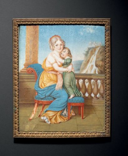HIPPOLYTE CHAPON (VERS 1790-APRES 1838) 
Portrait d'une mère et son enfant devant...