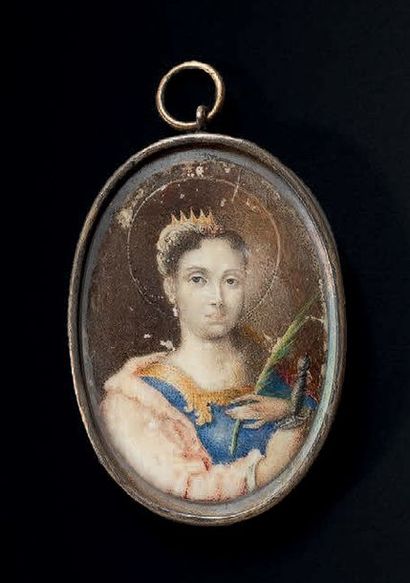 École FRANÇAISE vers 1740 
Portrait de Sainte Catherine d'Alexandrie
Miniature ovale...