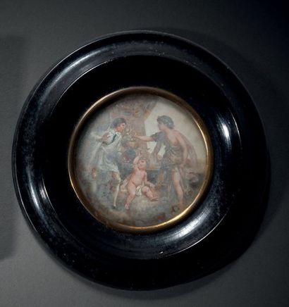 École FRANÇAISE vers 1790 
Scène de bacchanale d'après l'antique Miniature ronde...