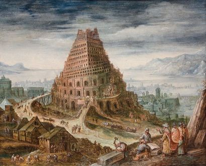Attribué à Lucas van VALCKENBORCH (1535 - 1597) 
La Tour de Babel
Cuivre
25 x 30,5...