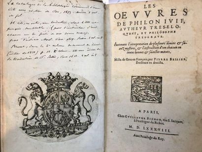 PHILON LE JUIF Les Oeuvres. Paris, Guillaume Bichon, 1588. Fort volume in-8, vélin...