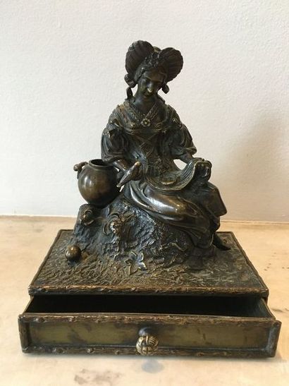 null Baguier en bronze patiné
Figurant une femme assise nourrissant un oiseau
La...