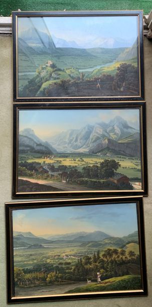 Ecole Suisse du XIXème siècle 
Paysage de montagne
Trois gouaches
31x47 cm.