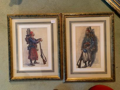 ECOLE FRANCAISE DU XIXème siècle 
Portraits de Zouaves, Guerre de Crimée
Deux aquarelles...