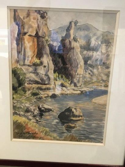 Jehan BERJONNEAU (1890-1972) 
Les gorges de l'ardèche
Fusain et aquarelle 38.5x28.5...