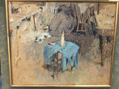 PIERRE ROUSSEL (1927-1996) 
L'atelier
Huile sur isorel
Signée en bas à droite
49x60...