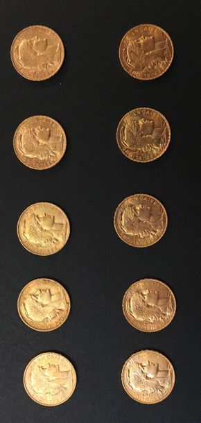 null 10 pièces en or de 20 Francs Napoléon «Coq de Chaplain» (999/00), 1905 (x2)-...