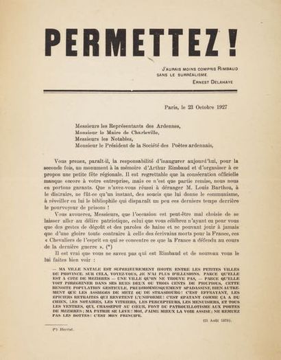 [Rimbaud] TRACT PERMETTEZ ! 1927. 2 feuillets in-4 imprimés recto-verso.
Célèbre...