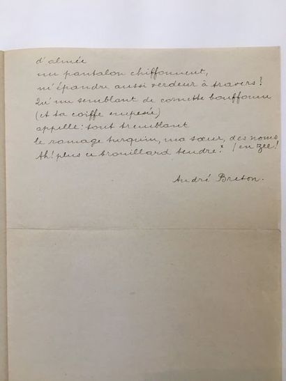 BRETON André ANDRÉ DERAIN. [1919]. AUTOGRAPH POEM SIGNED.
Autograph poem in ink signed...