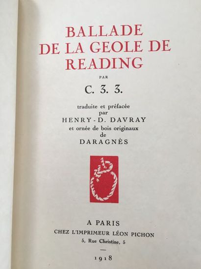 WILDE (OSCAR). Ballade de la jaôle de Reading by C. 3. 3. Paris, Léon Pichon, 1918....