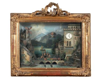 null Clock board with automatons, coaster, in a rich gilded wood frame, moulded and...