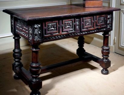 Walnut table opening with two drawers, baluster...