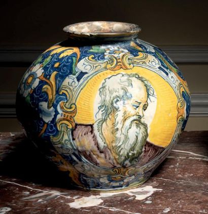 VENISE Majolica ball vase with polychrome decoration of a portrait of a young man...