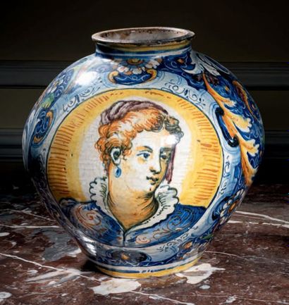 VENISE 
Majolica ball vase with polychrome decoration of a portrait of a man and...