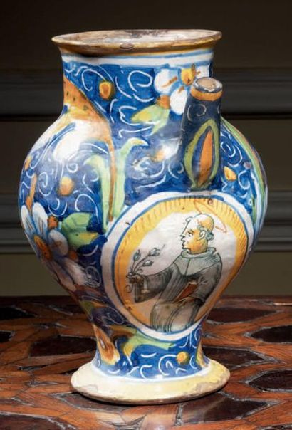VENISE 
A majolica goat with polychrome decoration of a portrait of a holy martyr...