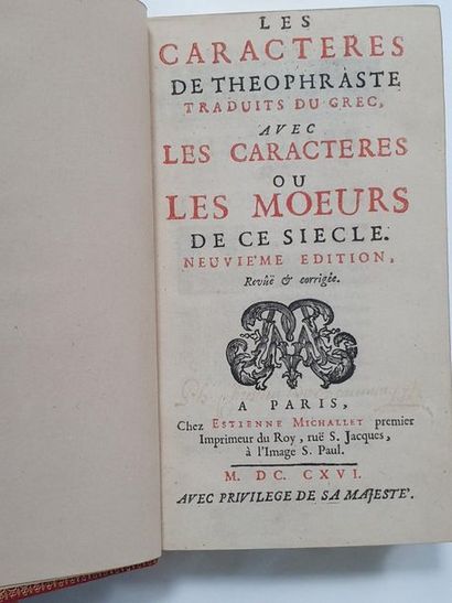 LA BRUYERE. Les Caractères de Théophraste. Paris, Estienne Michallet, 1696. In-12,...