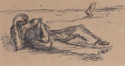 Paul valéry (1871-1945) 
Woman lying bare-chested
Pen and brown ink on blue
paper...